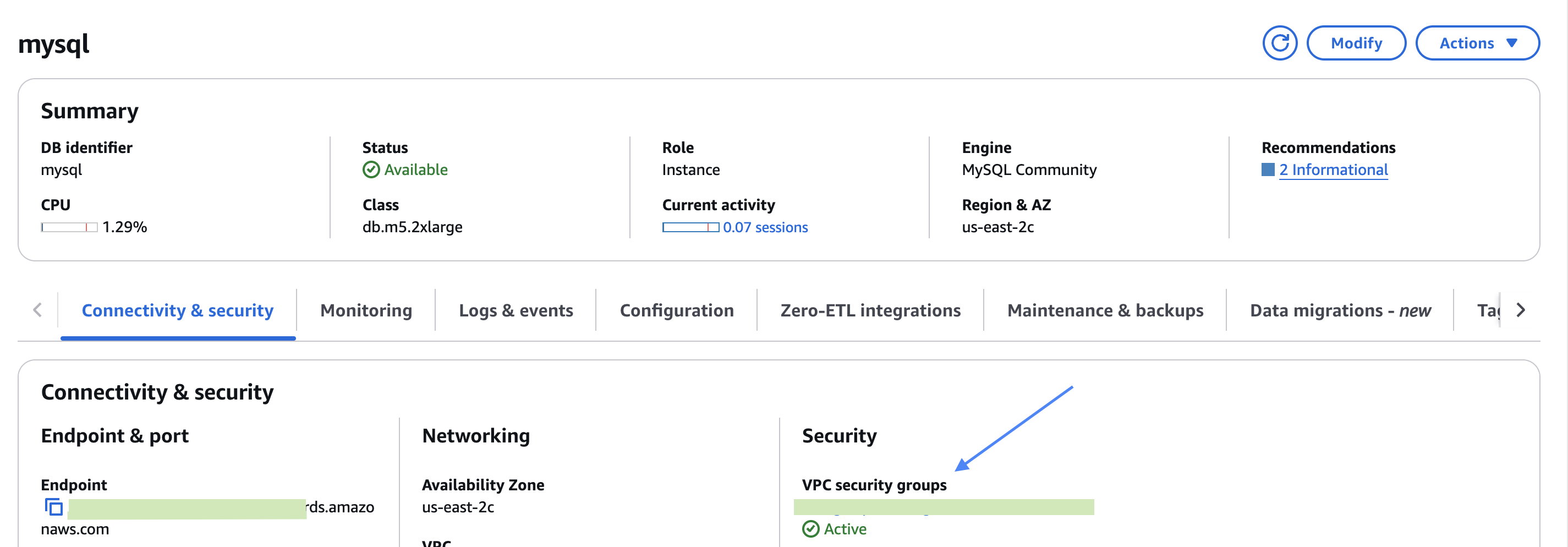 Где найти группу безопасности в RDS MySQL?